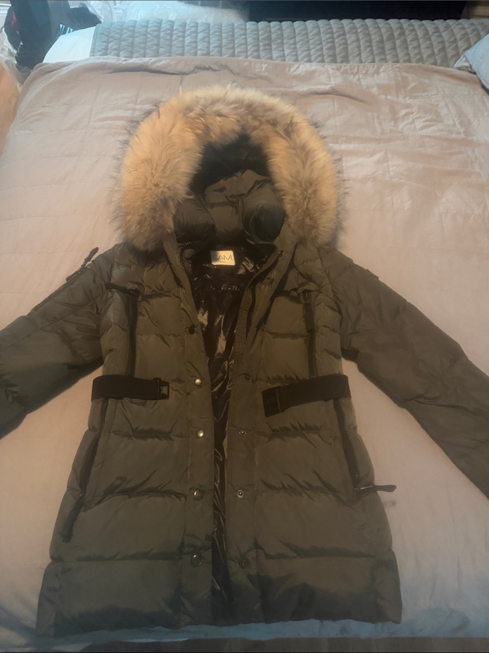 SAM Girls Olive Green Faux Fur-Trim Hooded Puffer Coat. size 14 runs small 10/12